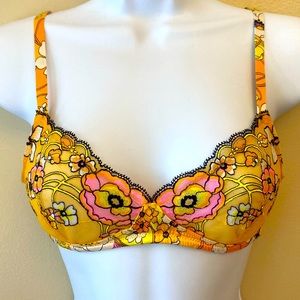 Savage X Fenty bright orange mesh bralette with pink and yellow flowers 32B